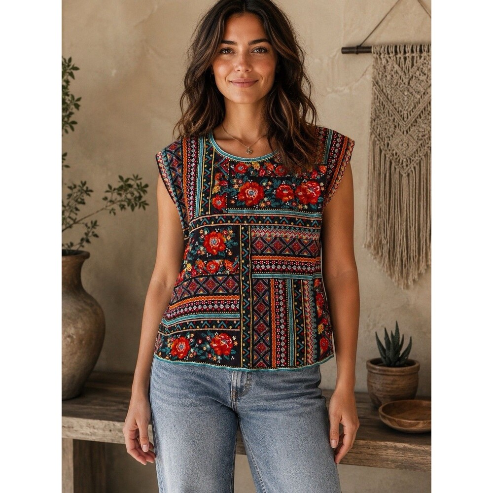 Savanna Jane Embroidered Tapestry Front Cap Sleeve Top Size Small Boho